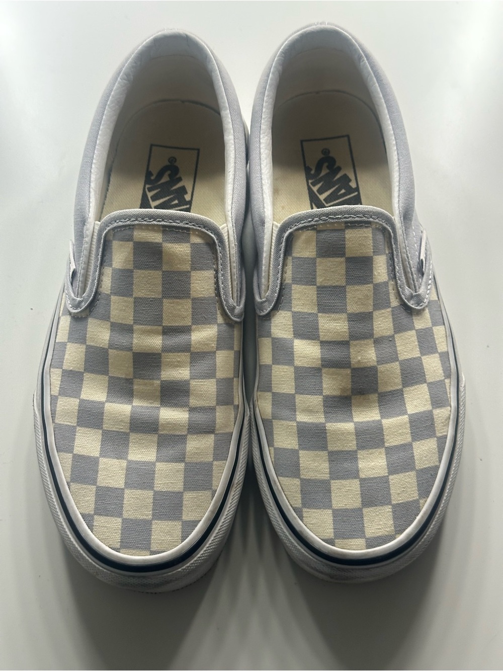 Vans Slip-On Checkerboard Sneakers in Light Gray and Cream